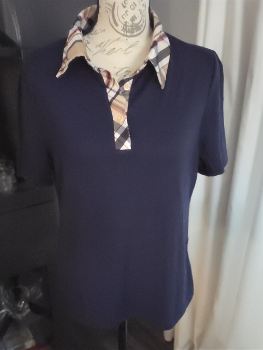 Classic Navy Polo Top with Plaid Trim - Picture 5 of 7